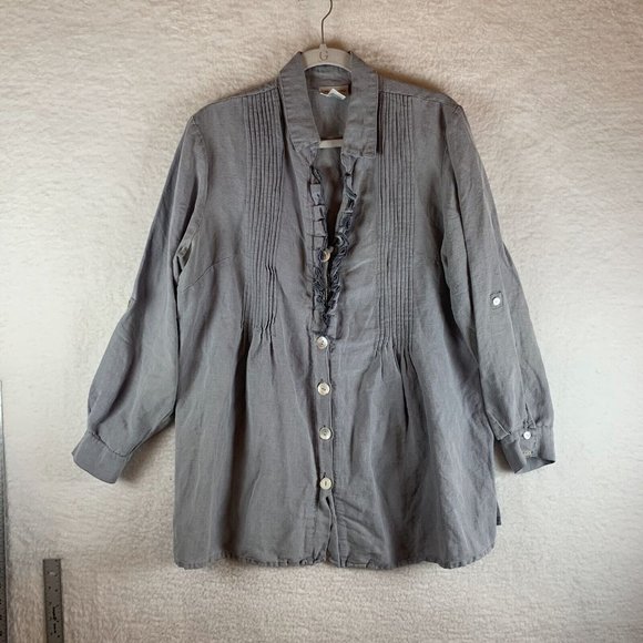 Soft Surroundings Tunic Top Women Large Gray Roll Tab Sleeve Ruffle Neck 7777 - Picture 1 of 6